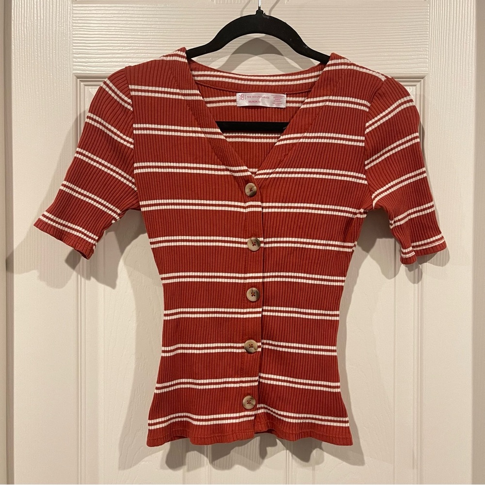 Short Sleeve Striped Button Up Terracotta No Boundaries Ribbed